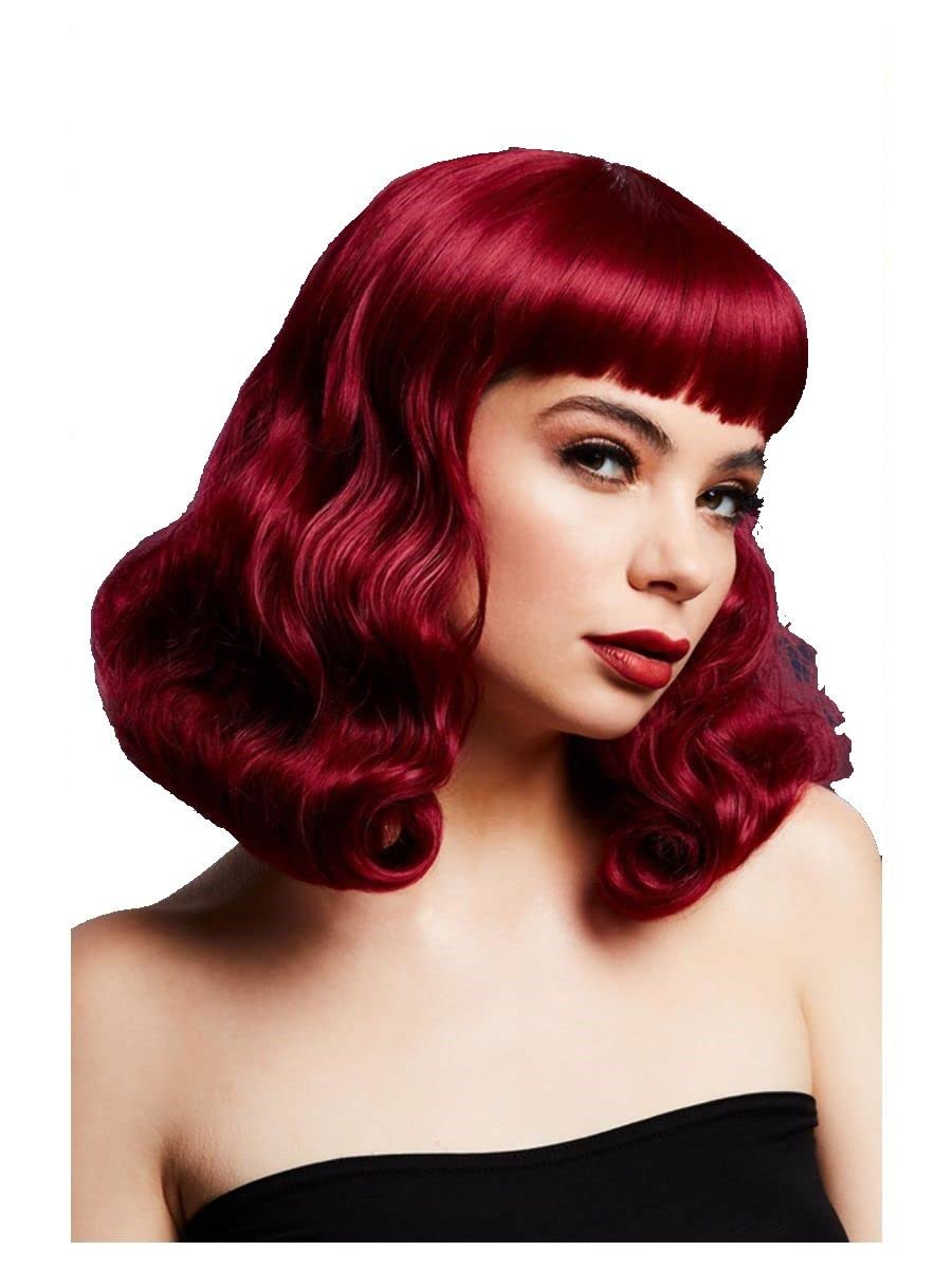 Smiffys Fever Bettie Wig with Short Fringe, Plum Wavy Shoulder Length, Centre Parting, 32cm/ 13in, Fever Wigs Fancy Dress, Fever Dress Up Wigs