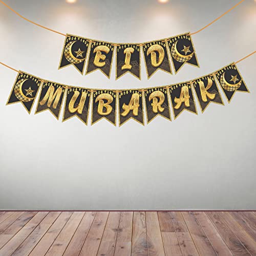 Image of WOBBOX Eid Mubarak Beautiful Golden Color Moon Bunting Banner, Ramadan Decoration Items, Eid Mubarak Decorations