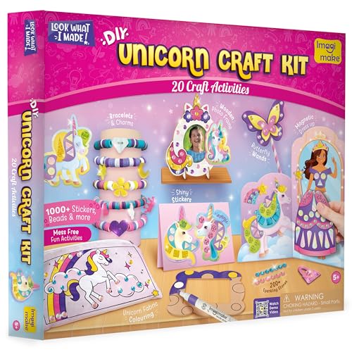 Imagimake Kit de manualidades de unicornio, más de 20 actividades sin desorden, kit de fabricación de pulseras, tablero magnético, disfraz de princesa, calcomanías de unicornio y más, regalo de
