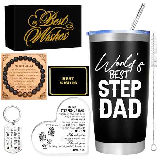 EccoDen Fathers Day Step Dad Gifts Set 20oz Tumbler Heart Shape Acrylic Plaque Keychain Bracelet & Greeting Card Bonus Dad Gifts Christmas Birthday Gift for Stepdad