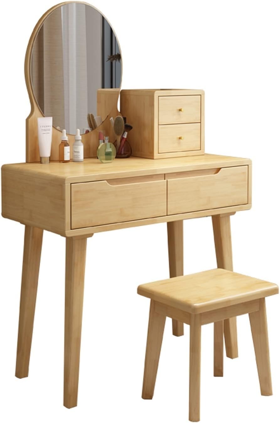 AMONG Vanity Desk Vanity Table Set, Bedroom Wood Dressing Table With 4 Storage Drawers, Makeup Table With Mirror And Stool (Wood) Bedroom Makeup Table