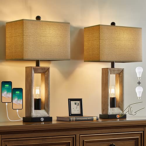 G-SAFAVA 25" Farmhouse USB C+A Charging Ports 3-Way Dimmable Touch Control Brown and Black Table Lamp with Nightlight Vintage Modern Lamps for Living Room Bedroom Hotel