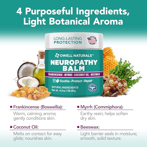 Image of OWELL NATURALS Neuropathy Healing Balm, Fast Acting, with Frankincense, Myrrh, Coconut Oil & Beeswax, Natural Ingredients - Soothe, Protect & Repair, 4 oz (Pack of 1)