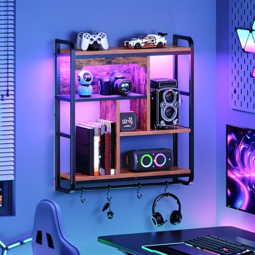 Image of HOOBRO Gaming Floating Shelves with LED Lights, 26.4 inch LED Wall Mounted Shelf, Modern Corner Shelf 3-Tier Display Rack for Wall Storage, Arched Design, for Living Room, Rustic Brown and Black BF44DBJ01