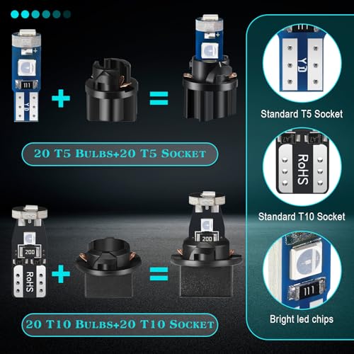 Image of BBTO 20 Set T5 T10 LED Bulbs Dash Lights with Twist Socket Instrument Dashboard Light LED Bulbs for Interior Car Lights Dashboard Instrument Panel Gauge Cluster Indicator Map Dome Light(Blue)