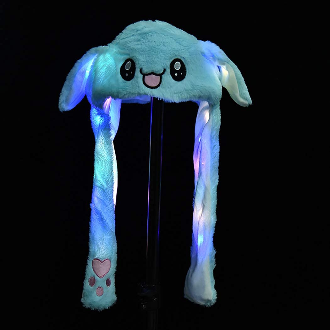 Kiditos Plush Rabbit Hat, Ear Moving Jumping Hat, Funny LED Glowing Headwear Bunny Hat Cap for Women Girls, Blue 1