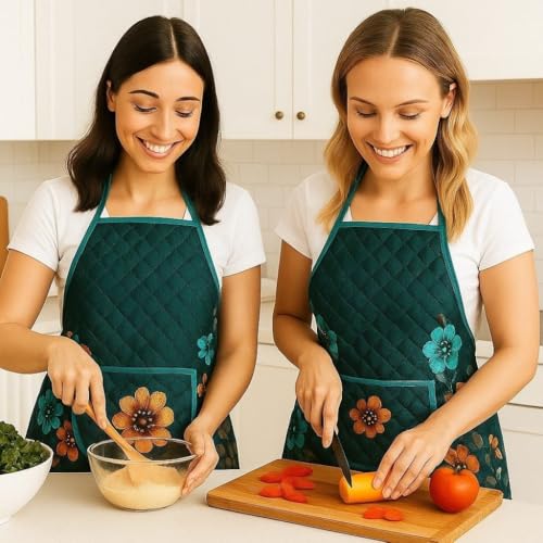 Image of Homerz Premium Velvet Apron for Kitchen with Center Pocket | Cooking Aprons for Women & Men - Ideal for Home & Restaurant | Flower Quilted Print (Blossom, Pack of 2)