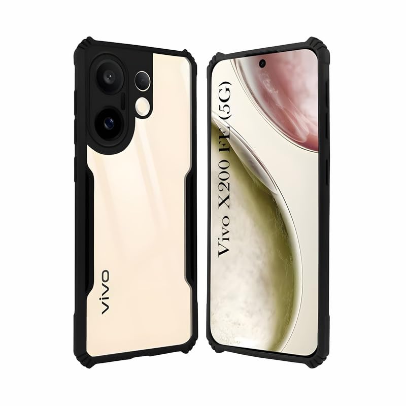 Image of AIBEX Compatible for Vivo X200 FE 5G Mobile Back Case Cover, Crystal-Clear Shockproof Bumper with Camera Guard | 360 Hybrid Protection (TPU+PC) | Anti-Yellow, Slim Transparent - Black