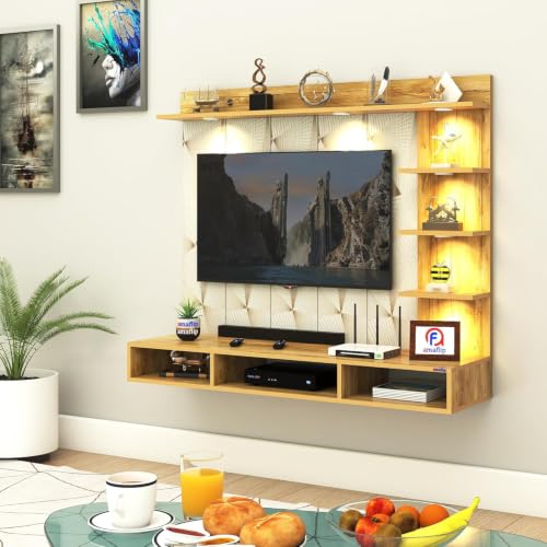 Image of Anikaa Tyron Engineered Wood Wall-Mount TV Unit with PVC Back Panel & LED Lights | TV Cabinet with Storage Box & Decorative Shelves (Gaintwood) | Ideal for TVs up to 55 Inch | DIY Installation