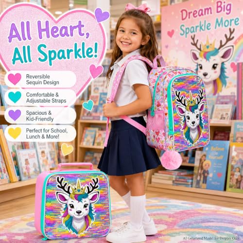 Image of CCJPX 16 inch Sika deer Backpack for Girls, 3Pcs Kids Sequin Bookbag with Lunch Box, Water Resistant Elementary School Bag for Kindergarten Preschool Toddler (Pink)