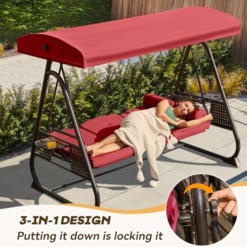 Image of 3 in 1 Outdoor Porch Swing with Adjustable Canopy, 3 Seat Outdoor Swing for Adults, Patio Swing Chair with Thickened Cushions,Pillows & Cup Holders for Backyard, Porch, Garden (Wine Red)