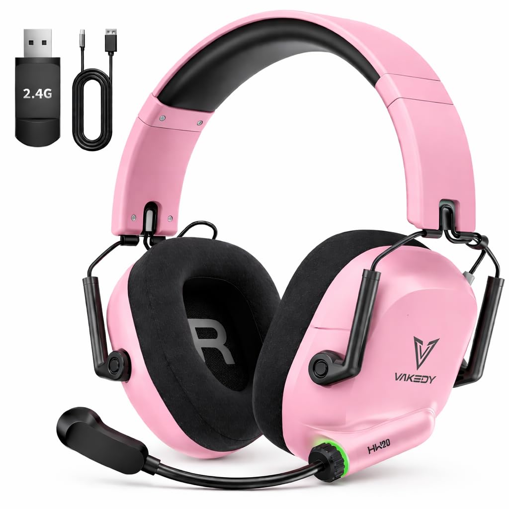 Vakedy Cascos Gaming Inalambricos, 2,4 GHz USB y Auriculares Bluetooth con Micrófono, Ultraligeros, Driver 50 mm, Baja Latencia, Batería 50H, Cascos Gamer para PS5/PS4/PC/Mac/Switch