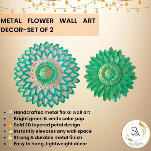 Image of SETHI AESTHETIC Metal Flower Wall Art Decor, Handmade 3D Layered Petal Design, Set of 2 (13x13 inch and 11x11 inch) (Olive Green)