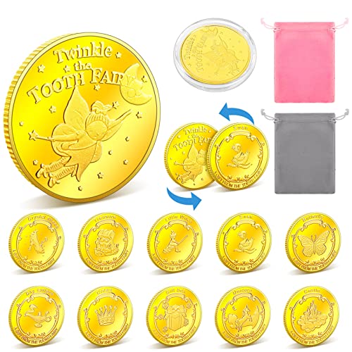 Zahnfee Münzen UPINS 10 Zahnfee Goldtaler mit Verschiedenen Designs und 2 Aufbewahrungstaschen Zahnfee Geschenkmünzen Geschenk für Jungen und Mädchen zur Belohnung des Milchzahnausfalls