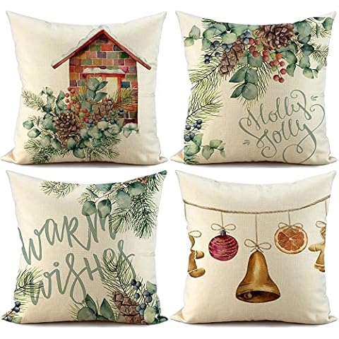 FIBEROMANCE Christmas Pillow Covers 18x18 inch Set of 4 Farmhouse Decorative Throw Pillow Cover Christmas Décor Xmas Decorations Winter Holiday Pillows Cushion Case for Home 601 Cover