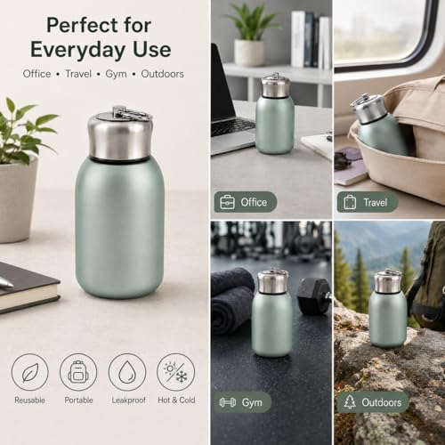 Image of Mini Stainless Steel Vacuum Insulated Water Bottle, 280ml, Black, Leakproof, Hot and Cold, with Keyring Cap (Green)