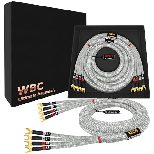 WORLDS BEST CABLES 10 Foot Ultimate - 9 AWG - Ultra-Pure OFC – Extra Premium Audiophile HiFi Bi-Amp Speaker Cable Pair with Eminence Spade Plugs & Silver Tweed Jacket