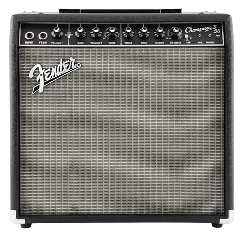 Fender Champion II 50, Amplificador Combo para Guitarra, 50W, Adaptado para Guitarra Eléctrica, Más Potencia, Efectos y Modelos de Amplificador Mejorados, Negro/Plata