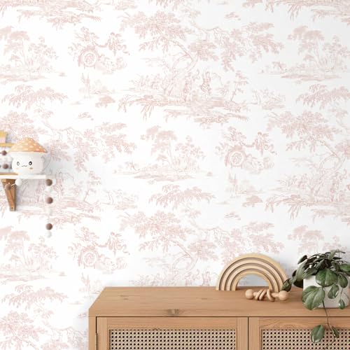 Yomshi 44cm×10m Pink Self Adhesive Wallpaper Vinatge Angel Tree and Animal Vinyl Film Sticky Back Plastic Roll Contact Paper Removable Vinyl Wrap for Bedroom Living Room Cabinets