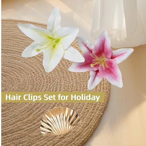 Set de 3 Pinzas para el Pelo con Flores y Concha Dorada miniatura 2