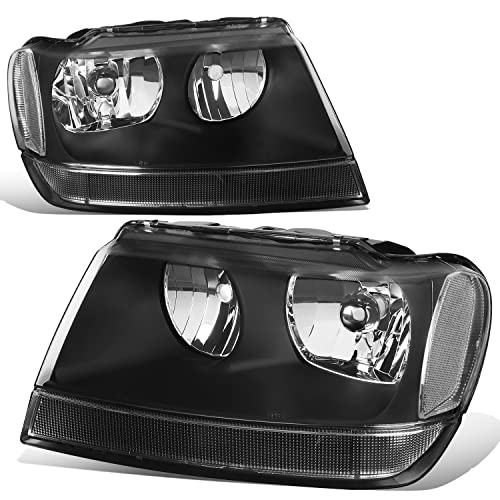 Auto Dynasty Headlights Assembly Compatible with 1999-2004 Jeep Grand Cherokee WJ, Driver and Passenger Side Halogen Headlamps Replacement, CH2502121 CH2503121, Black Housing Clear Corner