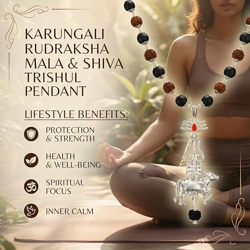 Image of Gratify Original Rudraksha & Karungali Mala 8mm 54 Beads | Spiritual Healing Mala for Protection & Focus (Karungali Rudraksha Mala) (Karungali Rudraksha Mala with Nandi Pendant)