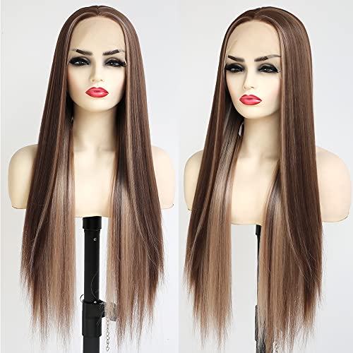 QD-Tizer Peruca de cabelo castanho com laço frontal loiro realces peruca longa reta resistente ao ca