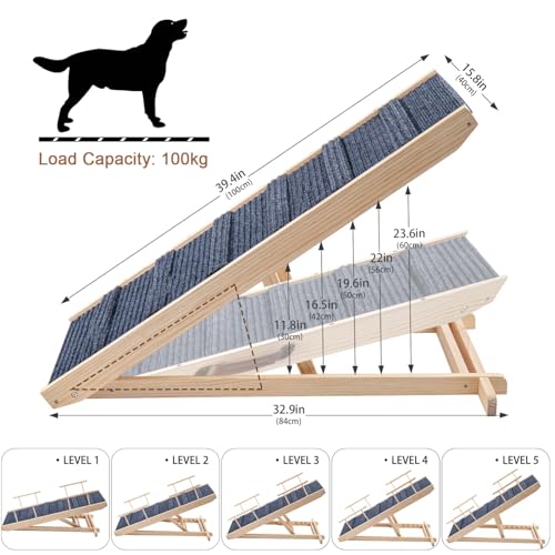 Trintion Adjustable Wooden Dog Ramp Height Adjustable 30-60 Cm Non-Slip Carpet & Foldable Design For Cars Beds Sofas Supports 100kg Dog Ramp Foldable Height Adjustable Pet Stairs Non-Slip Ramp - Image 3