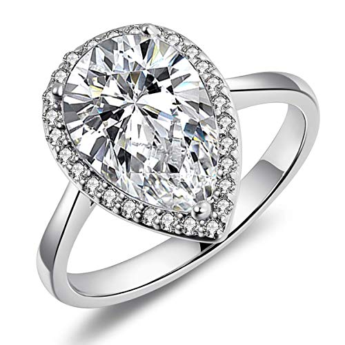 LAZLUVU 4.85 Carat Teardrop Cubic Zirconia Rings for Women Solitaire Halo Promise Wedding Engagement Ring Mothers Day Christmas Jewelry Gift for Her Size 5-11