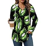 Green Lips Print Hoodies for Women V Neck Pullover Sweatshirts Long Sleeve Shirts Fashion Tops