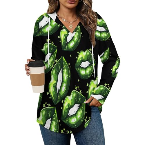 Green Lips Print Hoodies for Women V Neck Pullover Sweatshirts Long Sleeve Shirts Fashion Tops