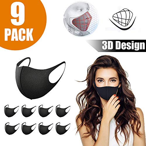 Preisvergleich Produktbild 9 Stück Mundschutz Maske, Staub Gesichtsmaske, Fashion Unisex Face Masks, Wiederverwendbare und waschbare Maske zum Laufen (schwarz)