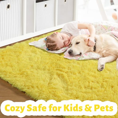 Amdrebio Yellow Area Rug for Bedroom Living Room, 5x7 Fluffy Fuzzy Plush Rugs for Kids Room Decor Aesthetic, Cute Furry Shag Kawaii Carpet for Playroom Classroom Nursery Teen Girls Boys Baby Toddler
