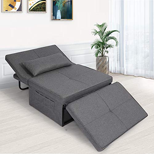 windaze Folding Ottoman Sofa Bed, 4 in 1 Multi-Function Chaise Lounge Morden Linen with 5 Position Adjustable Backrest Convertible Guest Fold Out Bed, Dark Grey