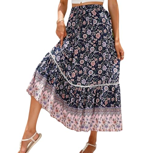 ZUEVI Women’s Long Skirts Bohemian Elastic High Waist A Line Maxi Skirt for Women Summer Flowy Swing Pleated Midi Skirts