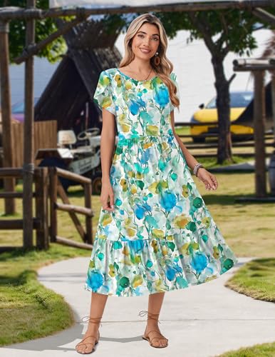 Image of Zeagoo Women Summer Midi A Line Dress Short Sleeve Casual Flowy Tiered Beach Long Sundress with Pockets 2026 Vacation Travel