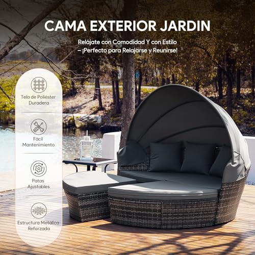 VONLUCE 4 Piezas Tumbona de Cama de Ratán para Jardín Sofá Cama con Cojínes y Almohadas Cama Modular Exterior con Toldo Ajustable - Image 4