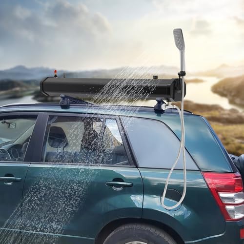 Ducha portátil solar para camping, tanque de agua presurizado de 4.76 galones para rack de techo con manguera y cabezal de ducha, ducha montada en techo para limpieza exterior, surf, RV, SUVs miniatura 7