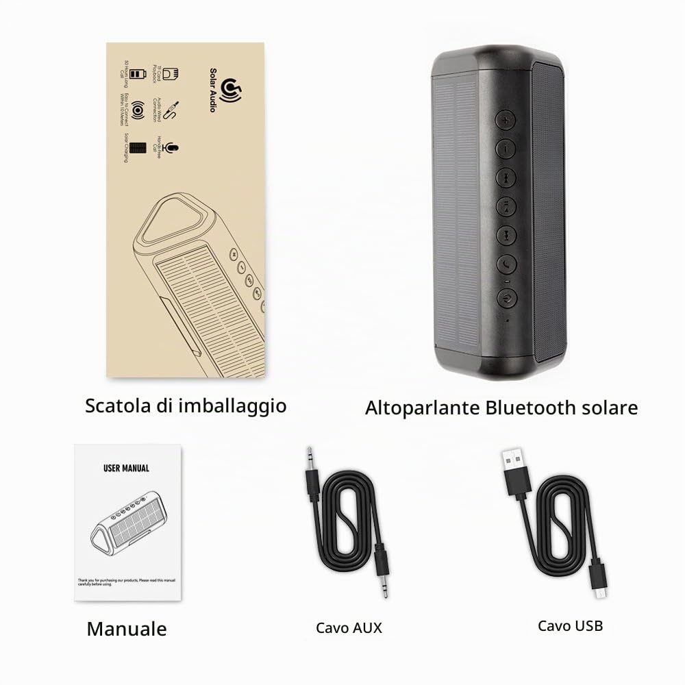 Altoparlante Bluetooth solare da 12 W, altoparlante wireless portatile impermeabile IPX5 in grado di riprodurre più di 50 ore, batteria integrata da 5000 mAh, per attività indoor e outdoor - nero