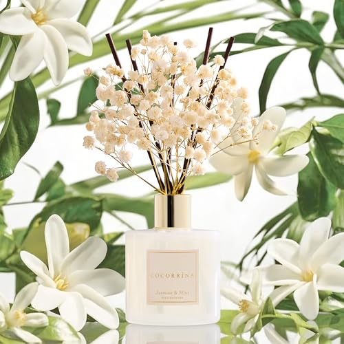 Image of COCORRINA Reed Diffuser - Jasmine & Mint 6.7 Fl.oz Reed Diffuser Set with Sticks & Preserved Baby's Breath, Reed Diffuser for Home Bathroom Shelf Decor