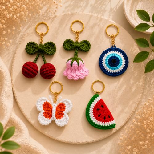 Image of Handmade Crochet Keychain for Women & Girls, Cute Yarn Key Ring, Bag Charm, Car Key Holder & Gift, Aesthetic Handmade Floral Accessory