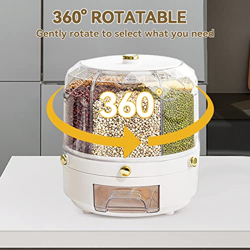 Besmall 360° Rotating Dry Food Dispenser for Beans,13 lbs Grain Dispenser, Cereal Storage Container,6-Grid Rice Storage, Countertop Rice Bucket,Rice and Grain Dispenser,Cereal Dispenser for Pantry