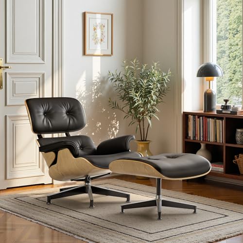 Image of Top Black Grain Leather, Mid Century Chaise Lounge Chair and Ottoman, Modern Chair Classic Design, Ash Wood, Heavy Duty Base Support for Living Room Office
