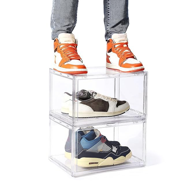 SNEAKARE Stackable Shoe Storage Box | Heavy Duty Plastic Sneaker Crate with Magnetic Door | Shoe Organizer for Men & Women | Fits Upto UK 14 | Durable Shoe Storage Box Clear Pack of-2