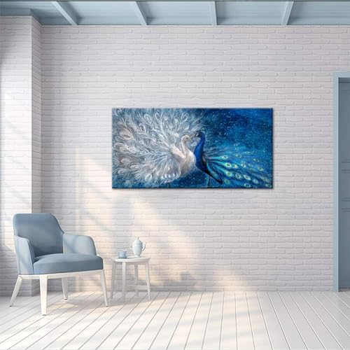 Ouelegent Peacock Canvas Wall Art Blue And White Peacock Couple Painting Pictures Elegant Animal Artworks Romantic Kiss Artwork For Living Room Bedroom Wall Decor Ready To Hang 24 Inchx48 Inch thumb #3