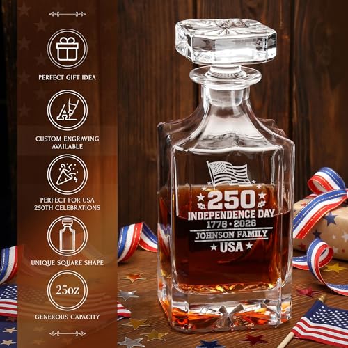 Image of Personalized 250th Anniversary Classic Whiskey Decanter Set - USA 250 Independence Gift for Men, Custom Engraved Family Name or Text,Decanter & 2 Whiskey Glasses, 9 Chilling Stones in Wooden Gift Box