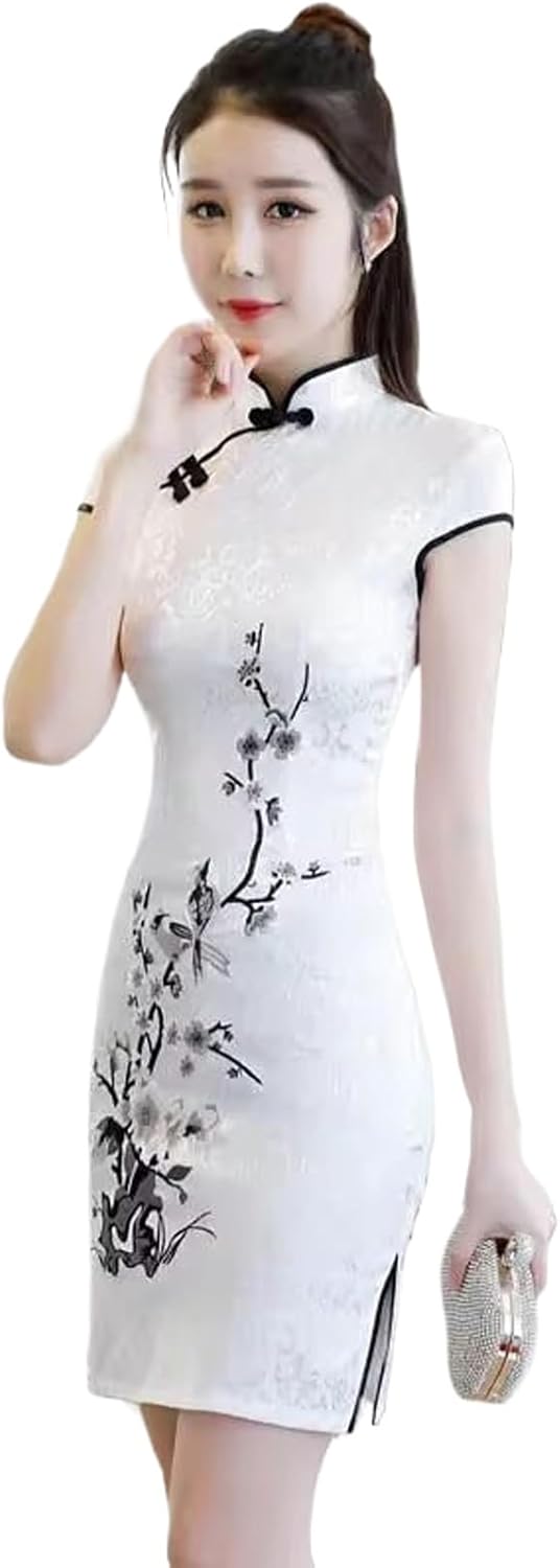 JYHBHMZG Self-Cultivation Cheongsam Short Embroidered Retro Chinese Style Wedding Dress Daily Qipao for Women