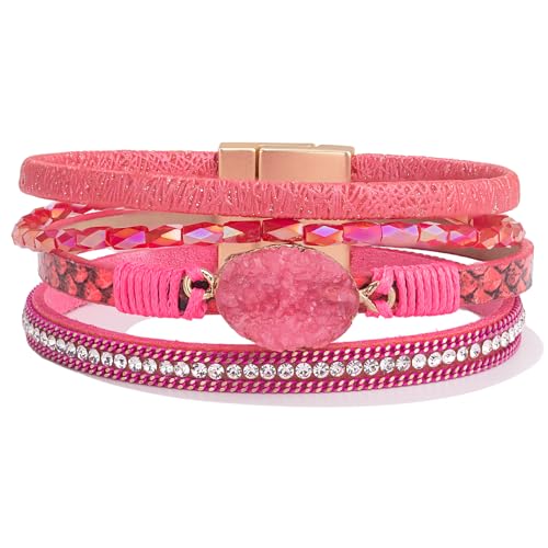 FANCY SHINY Boho Leather Wrap Bracelet Stackable Chunky Crystal Cuff Bracelets with Magnetic Clasp Cowboy Cowgirl Western Summer Beach Outfits Jewelry Gifts for Women (7.7 Hot Pink)