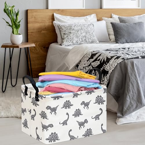 Image of Baby Storage Basket Nursery Box Laundry Hamper Organization Bins for Toys and Clothes with Handles (Grey Dinosaur)