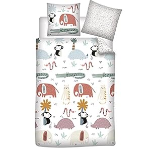Bettwäsche-Set Tiere, Bettbezug 135×200 cm + 1 Kissenbezug 80×80 cm, 100% Baumwolle, Wendemotiv mit Elefanten, Krokodilen, Affen…